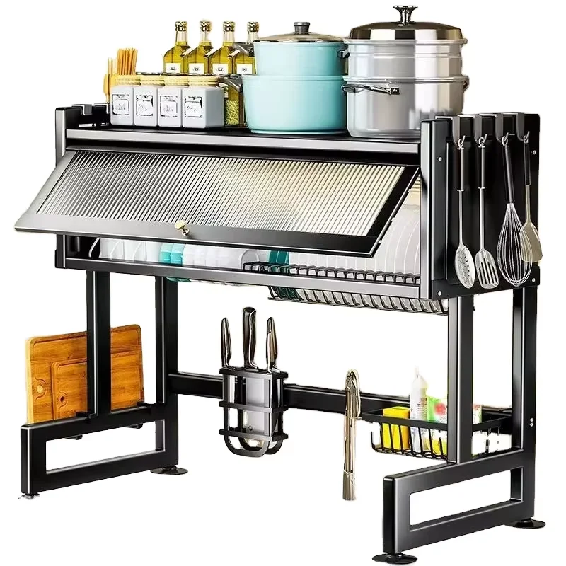 Double metal multi-functional tableware storage device household kitchen sink storage rack