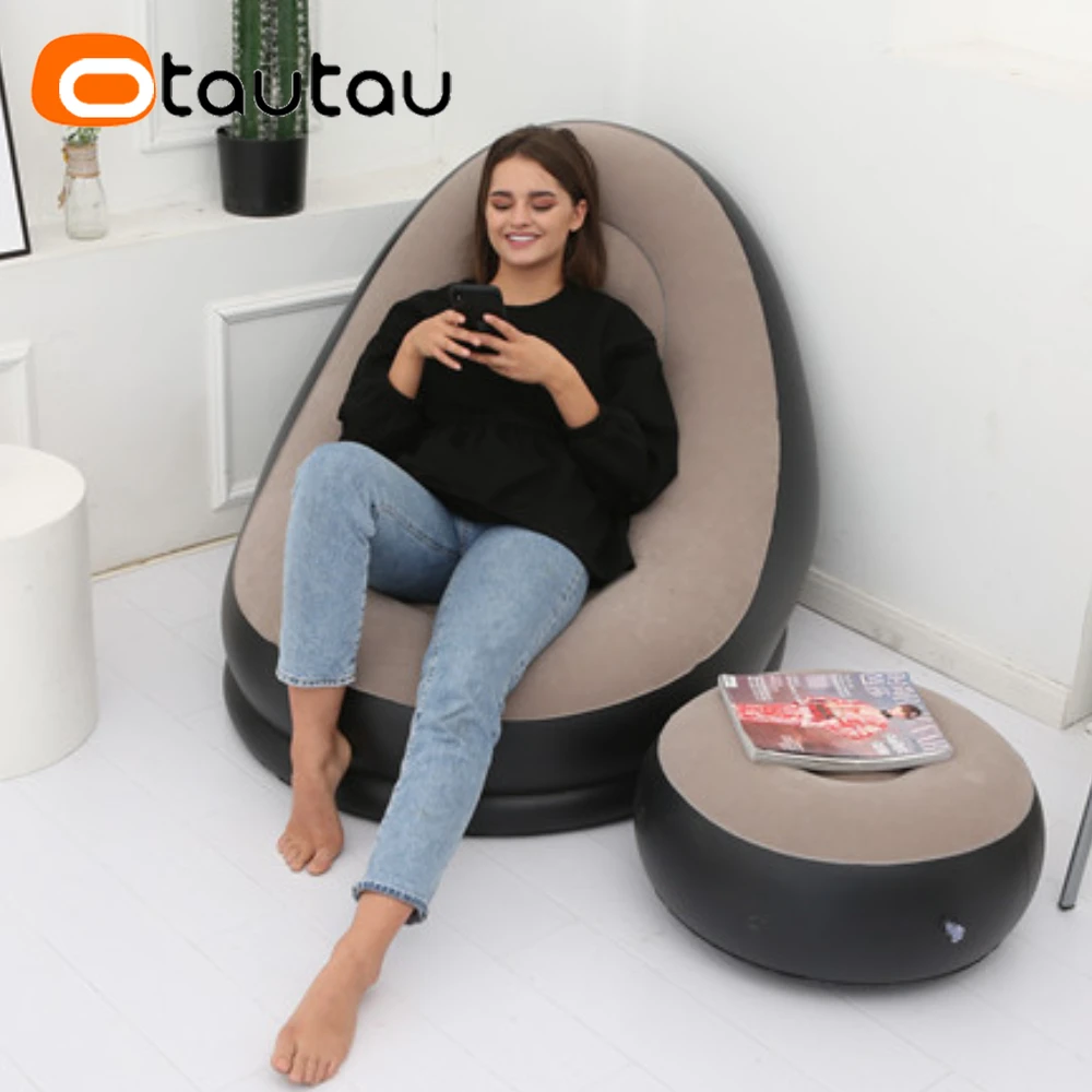 OTAUTAU Inflatable Lounger with Footstool Ottoman Chaise Lounge Recliner Outdoor Portable Camping Couch Garden Chair Pouf SF029