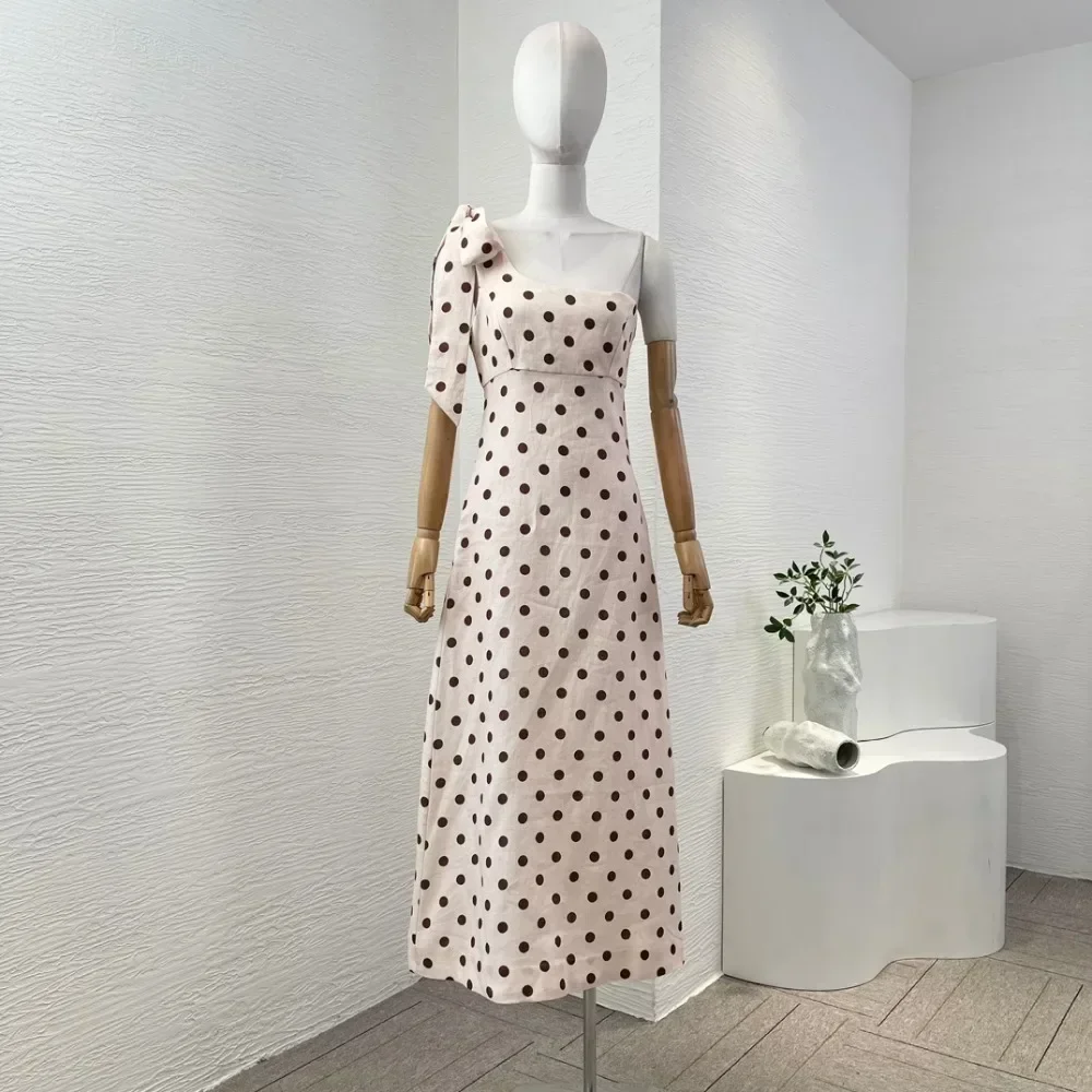 2024 New Women Light Pink Polka Dots Print Sleeveless One Shoulder Midi Dress High Quality