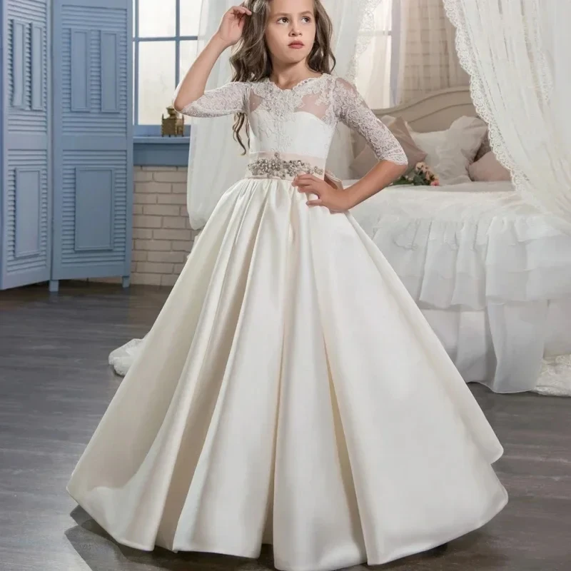 Robe de demoiselle d'honneur en satin couleur ivoire, en dentelle de tulle, manches courtes, ceintures à nœuds, pour enfants, bio poke, tenue de princesse pour fête d'anniversaire