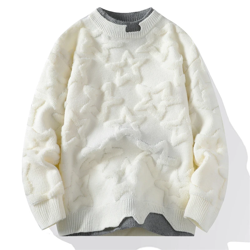 

Men's round Ne Star Knitwear Casual Autumn Winter Student Simple Sle Korean Version Big Size Fake Two-Piece Trendy Sweater