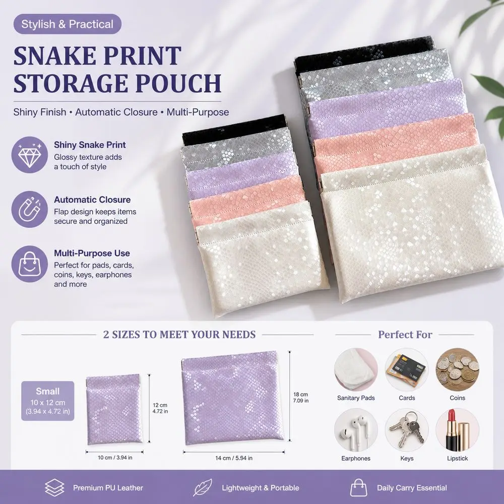 Gifts PU Leather Serpentine Leather Handbag Shiny Finish Snake Print Makeup Storage Bag Automatic Closure Coin Purse Daily Carry