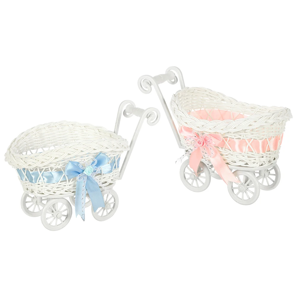 

2 Pcs Imitation Rattan Baby Stroller Decor Storage Basket Candy Holder Woven Food Container Kids Party Favor