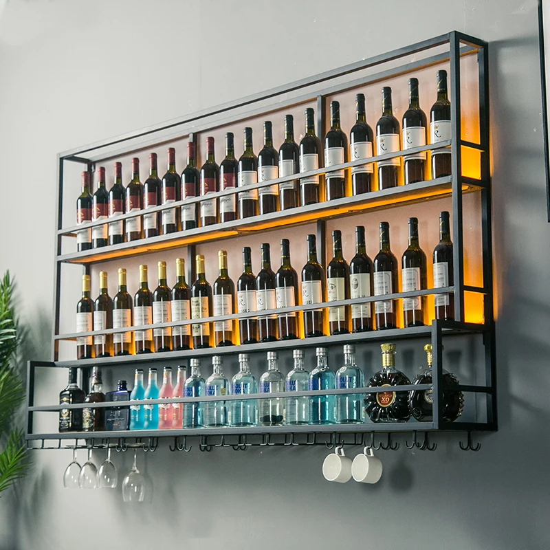 

Restaurant Wall Hanging Wine Cabinet Wall Display Rack Wrought Iron Cup Bar Hanging Industrial Style Bar Wine