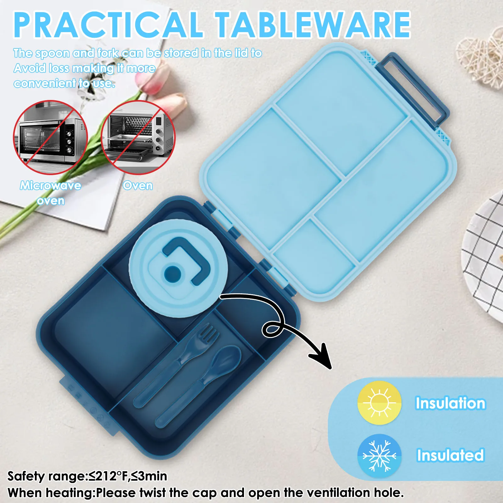 صندوق غداء مكون من أربع حجرات من الفولاذ المقاوم للصدأ، صندوق غداء خارجي مع سكين وعاء الحساء وشوكة مناسبة للأطفال والطلاب