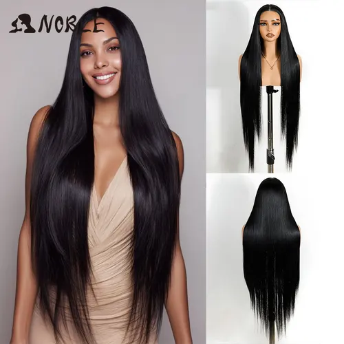 Noble HD transparente 9X6 peluca recta de encaje 38 pulgadas peluca de encaje de pelo de bebé para mujeres Color negro pelucas sin pegamento precortadas prearrancadas