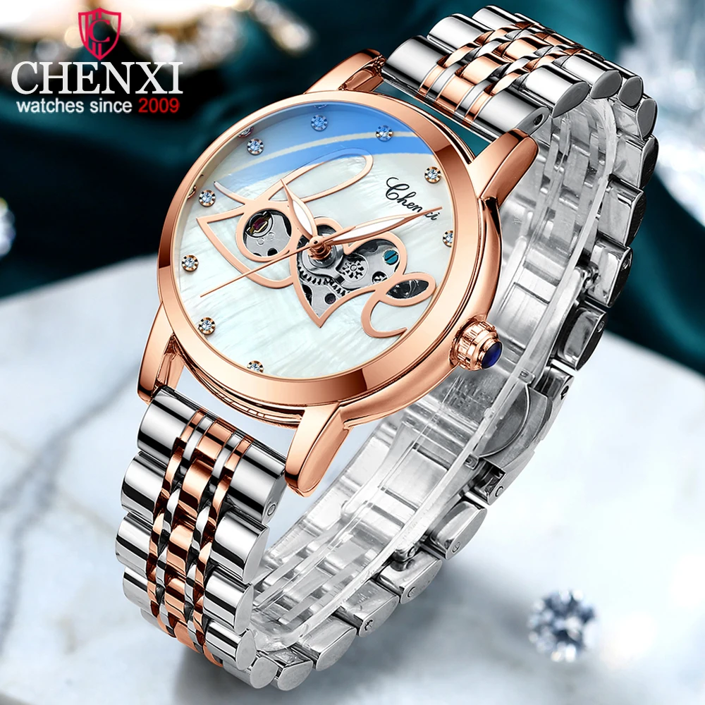 

2023 CHENXI Mechanical Watch Women Fashion Design Love Word Watches Rose Gold Stainless Steel Band Automatic Wristwatches Ladies