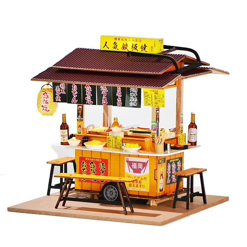 DIY Wooden Japanese Yatai-Teppanyaki Street Store Miniature Building Kits Cottage Dollhouses Bookshelf Friends Birthday Gifts