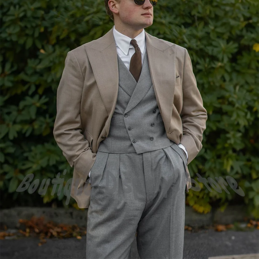 Contrast Color 3 Piece Men Suit Wide Peak Lapel Single Breasted Pleated Pants Set Outfit For Business Casual Daily Party Office