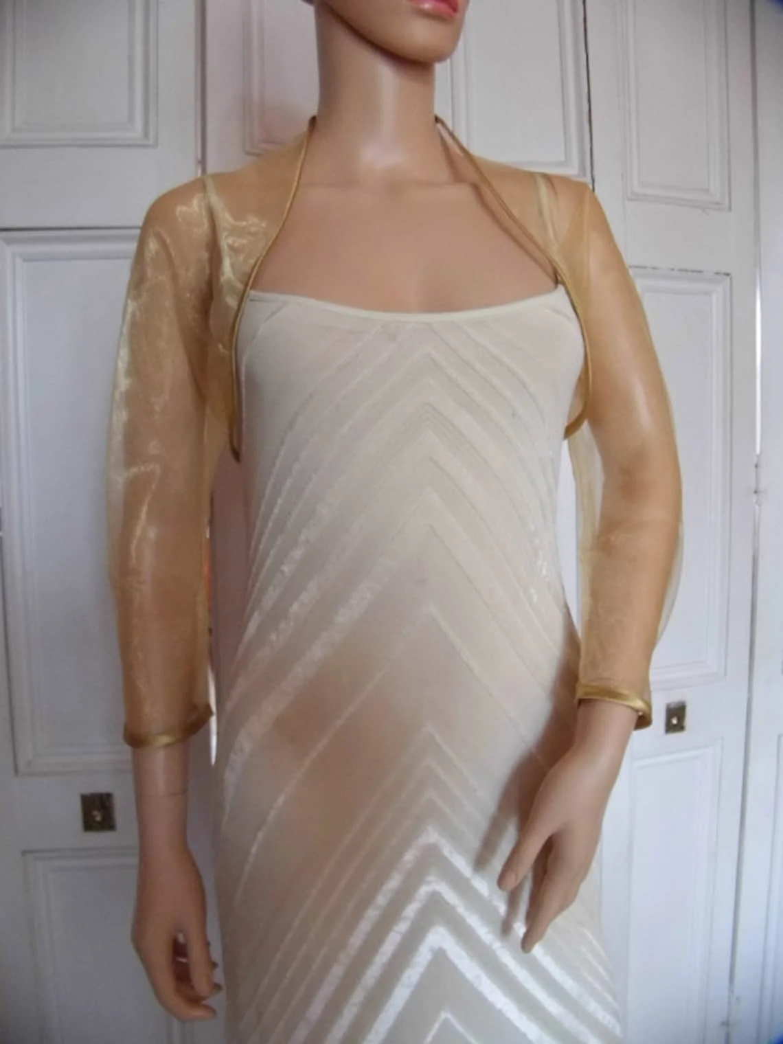Organza kurtka ślubna z pełnymi rękawami złote bolerko panny młodej formalne przyjęcie wzruszenie ramion kobiety peleryna ślubna Wrap akcesoria wykonane na zamówienie — zdjęcie 3