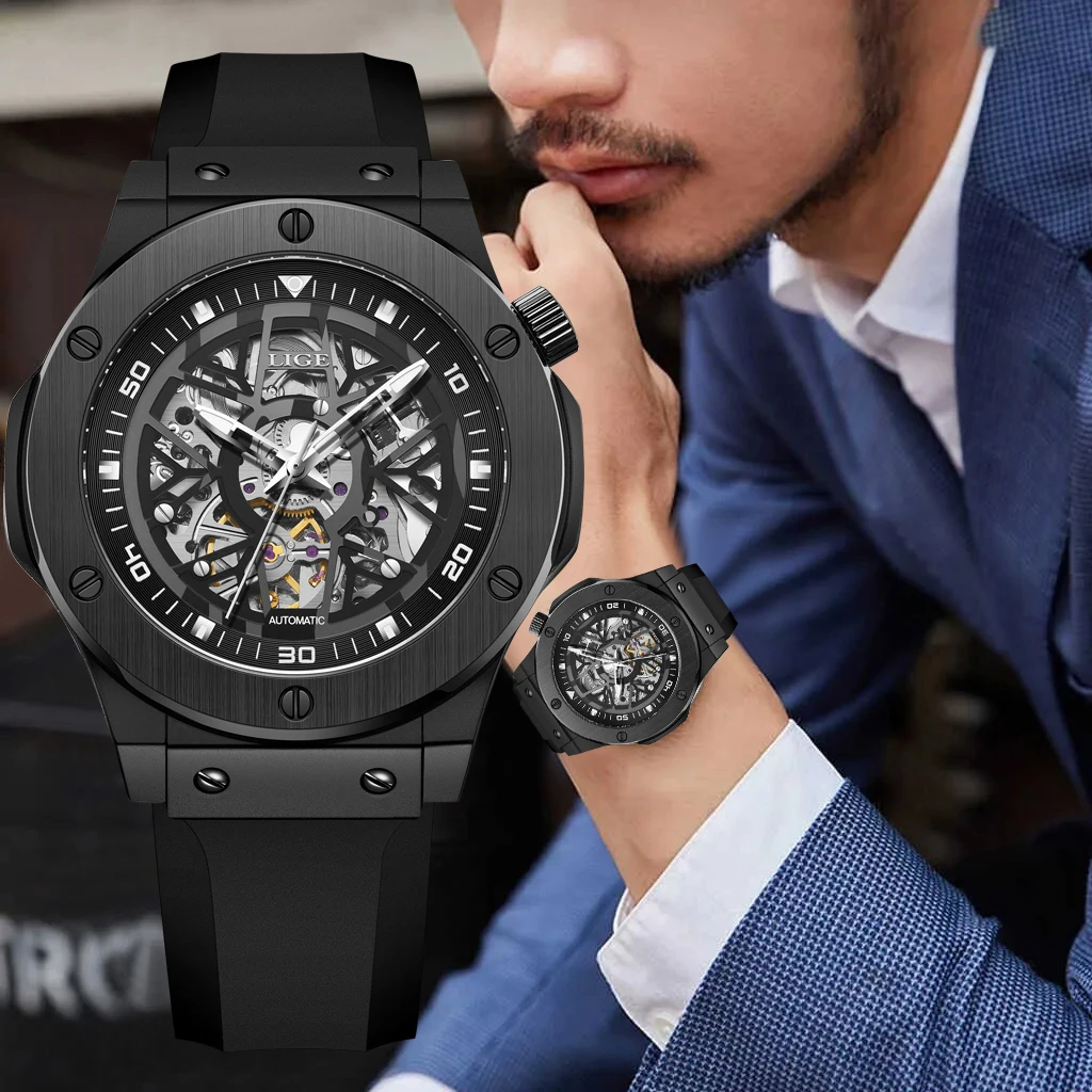 LIGE Mechanical Watches Men Top Luxury Brand Silicone Waterproof Men Watch Casual Automatic Wrist Watch For Men Reloj Hombre+BOX