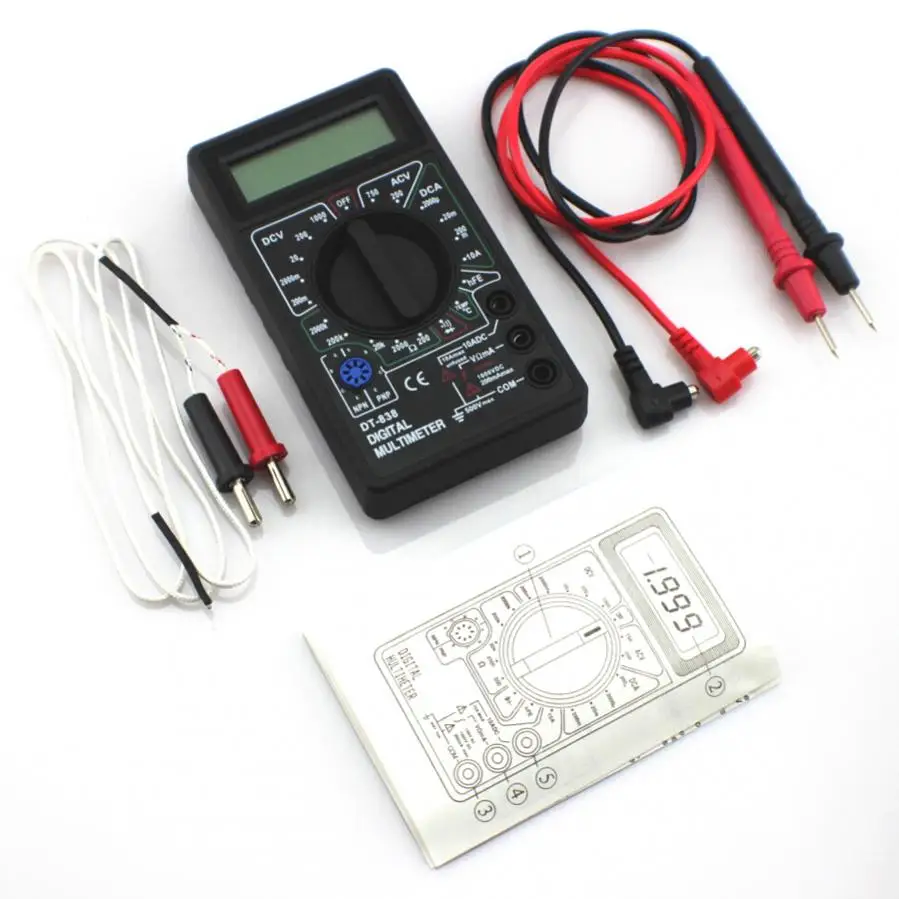 Imagem -06 - Multímetro Digital Dt838 com Sonda de Temperatura 750 1000v dc ac Tensão Corrente Resistência Testador Amp Amperímetro Voltímetro Ohmodiodo