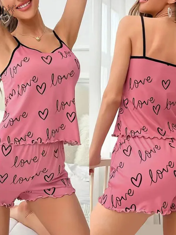 2024 Love Letter Women's Two Piece Set Sexy Strap Shorts Home Furnishings Leisure Comfortable French Style Sweet Women's  W91D