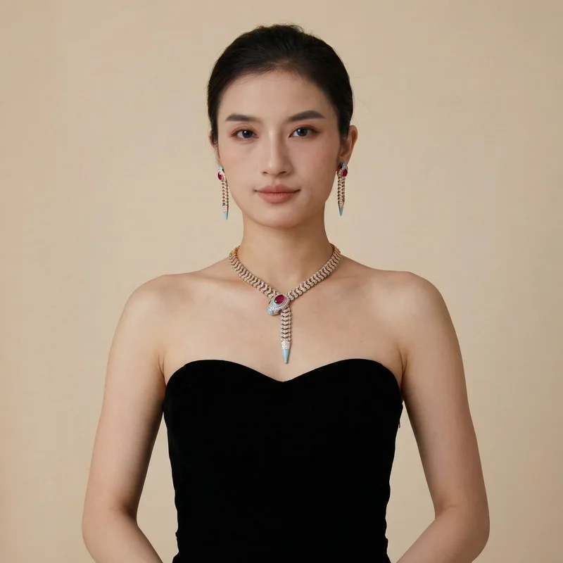 Light Luxury Retro Bold Snake Jewelry Set Inlaid Green Eye Cubic Zirconia Necklace Earrings Gold Plated Bridal Evening Party Jew