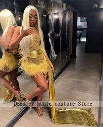 Gold Diamond Feathers Short Prom Dress With Train Black Girks 2025 Customized Birthday Luxury Dress Rhinestones Cocktail Dress