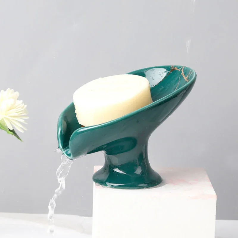 NEW 1PC Ceramic Leay Shower Soap Holder Bathroom Suppliesaf Shape Box Water Guide Hole Dish Storage Plate Tr