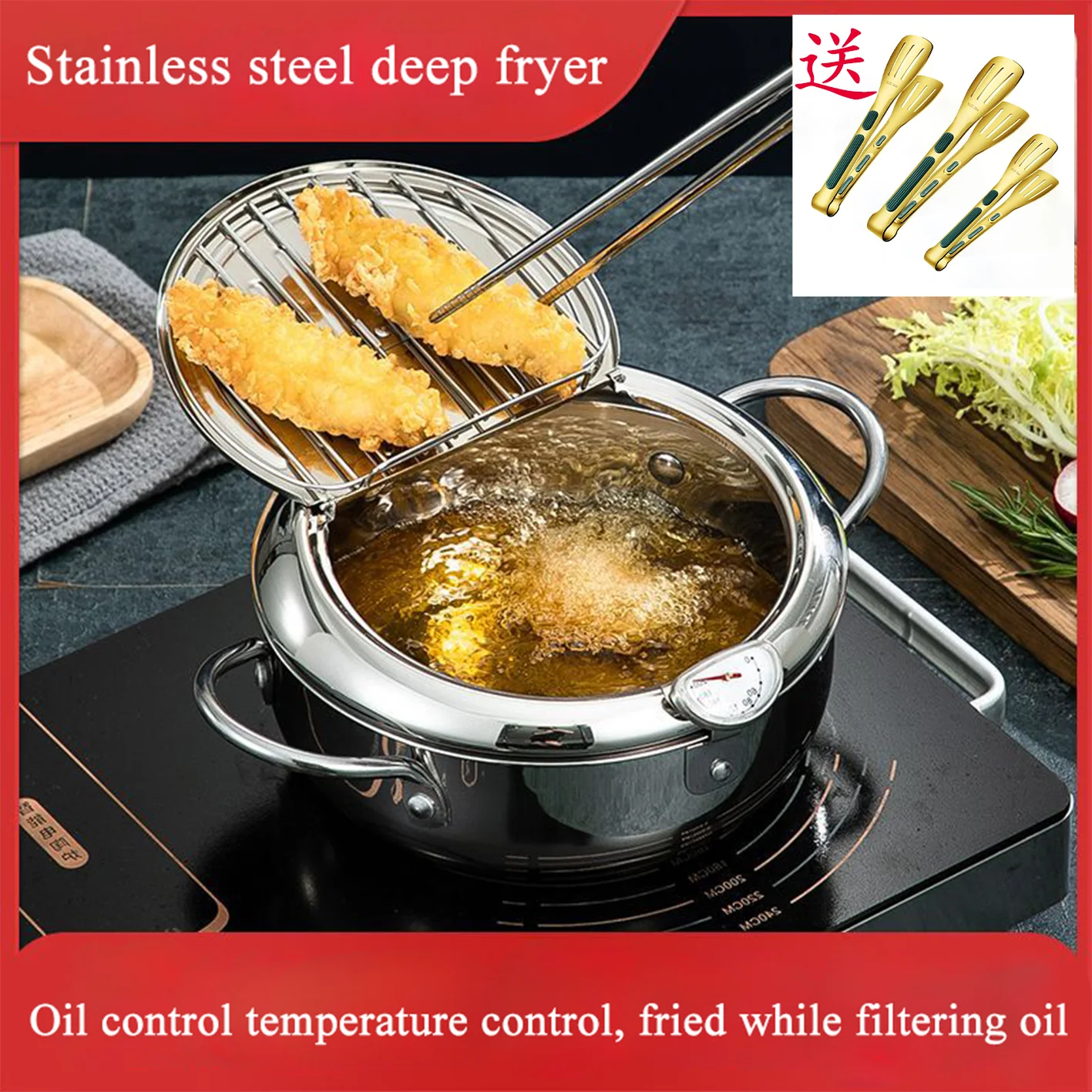 20 /24 /28cm 304 Stainless Steel Kitchen Tempura Fryer Pan Japanese Deep Frying Pot with a Thermometer and a Lid