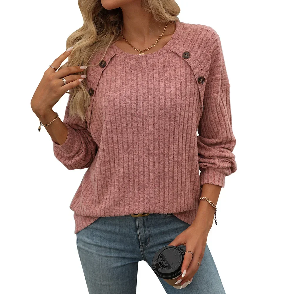 

2025 Women's Spring Autumn Long Sleeve Top Female Casual V-neck Button Knitted Fried Dough Twists T-shirt Long Sleeve Top New