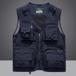 2024 New Men Outdoor Vest Multi-Pocket Solid Color Fishing Director Reporter Work Waistcoat Photography Casual Vest Jacket Male