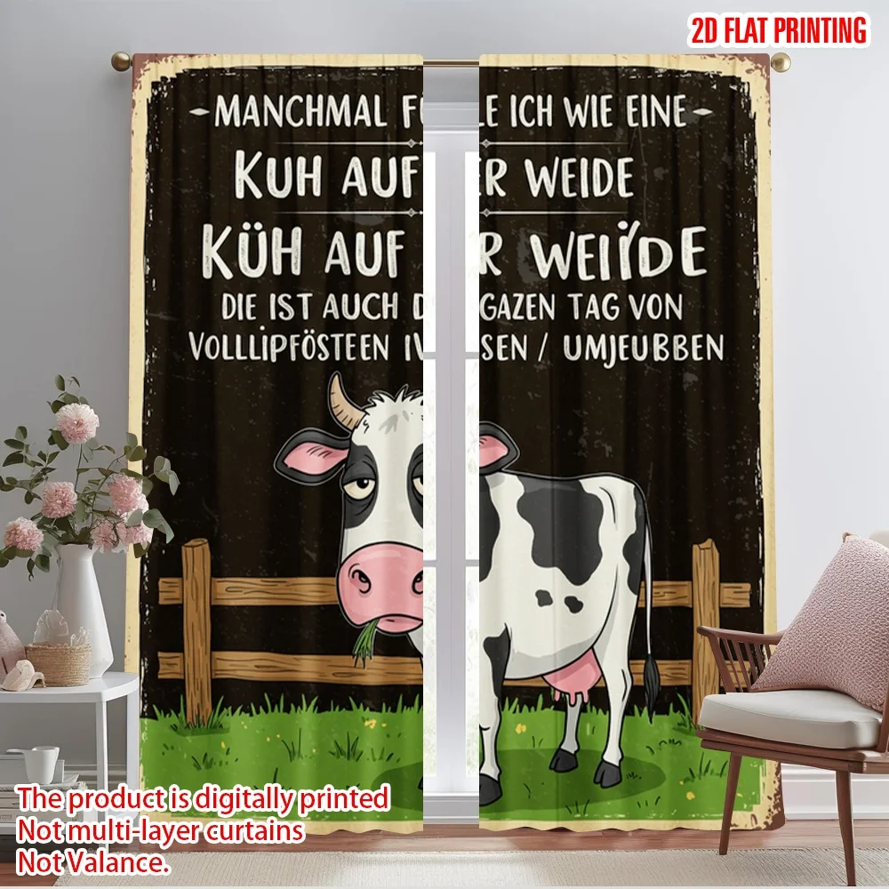 

2pcs 2D flat printing Window Curtains Funny Cow Fence Pasture Fabric Without Electricity Festive Curtains Perfect for General
