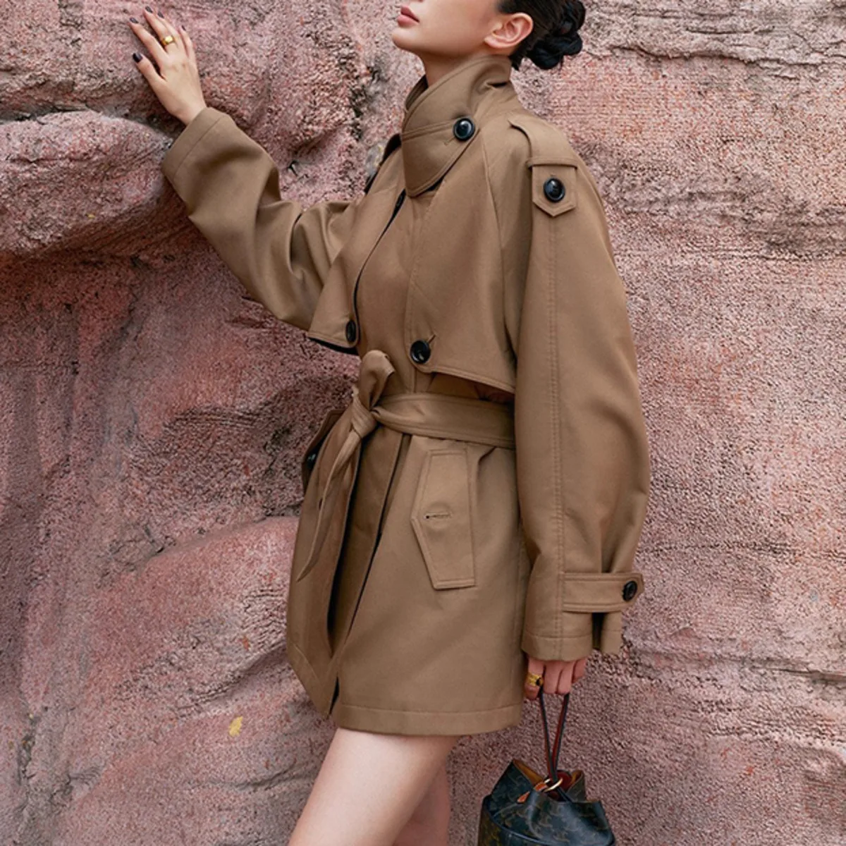 

KWTX Women’s Trench Coat 2025 New Design Short Double Breasted Belted Waist Notch Lapel Retro Fall Winter Outerwear Trendy