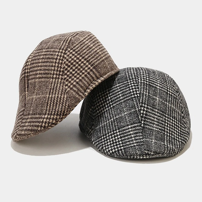 Vintage Unisex British Style Plaid Berets Hat Newsboy Gentleman Hats Driving Cabbie Autumn Winter Warm Wool Cap Men Women