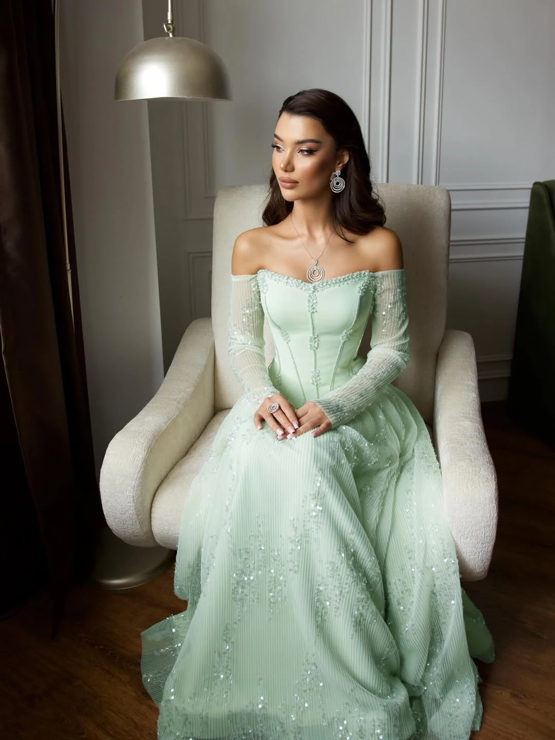 MisShow Off Shoulder Evening Dresses Elegant Strapless Sheer Full Sleeve  Sequins Beaded A-Line Formal Gowns Customized Vestidos - AliExpress