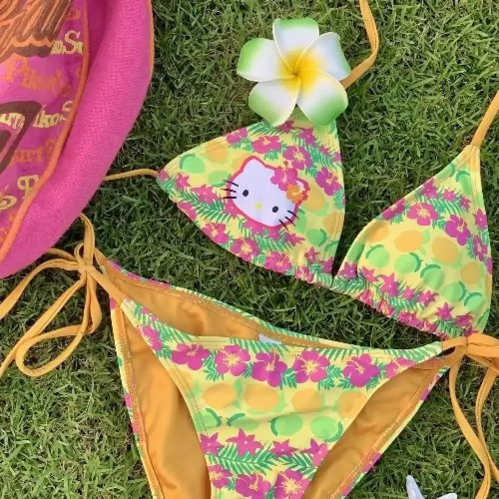 

2Pcs Women Bikini Swimsuit Suit Y2K Hello Kitty Sanrios Anime Sexy Hot Girls Kitty Strap Underwear Bra Panties Beach Seaside Spa