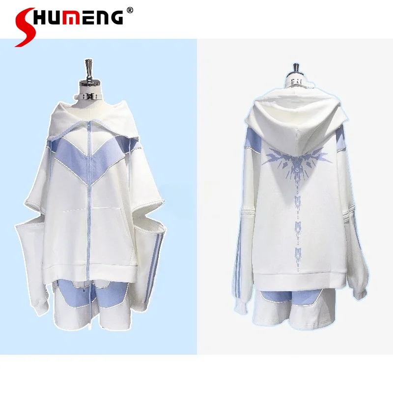 

Japanese Lolita Blue White Hoodies 2 Piece Set Long Sleeves Zipper Hooded Sweatshirt High Waist Casual Shorts Women's Y2k Outfit