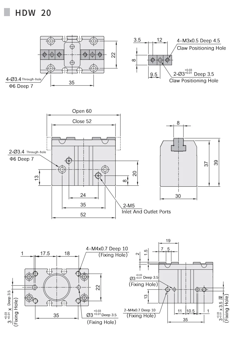 Luftgreifer HDW HDW20 HDW25 HDW32 HDW40 HDW50 HDW63 HDW100 Starker Paralleler Mechanischer Greifer Finger-Luft-Pneumatikzylinder – Detail 8