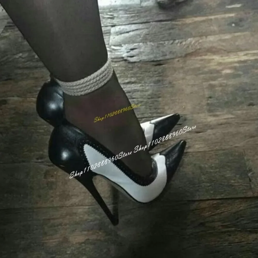 

Black And White Shallow Leather Pointy Pumps Thin High Heel Women Shoes Slip On Pointed Toe Casual Party Stylish Women Pumps
