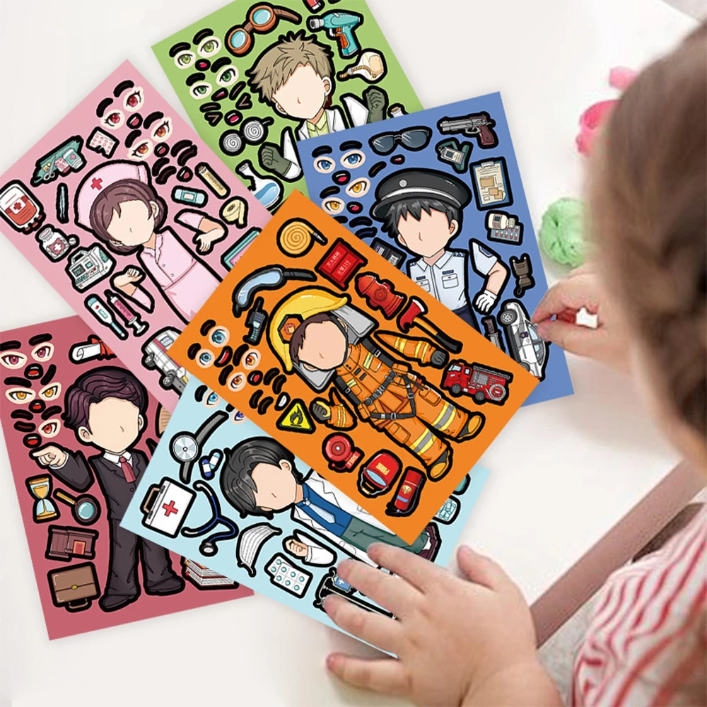 

8/16sheets Make a Face DIY Firefighter Police Puzzle Stickers Cartoon Professional Assemble Jigsaw Decals Theme Decoration Toys