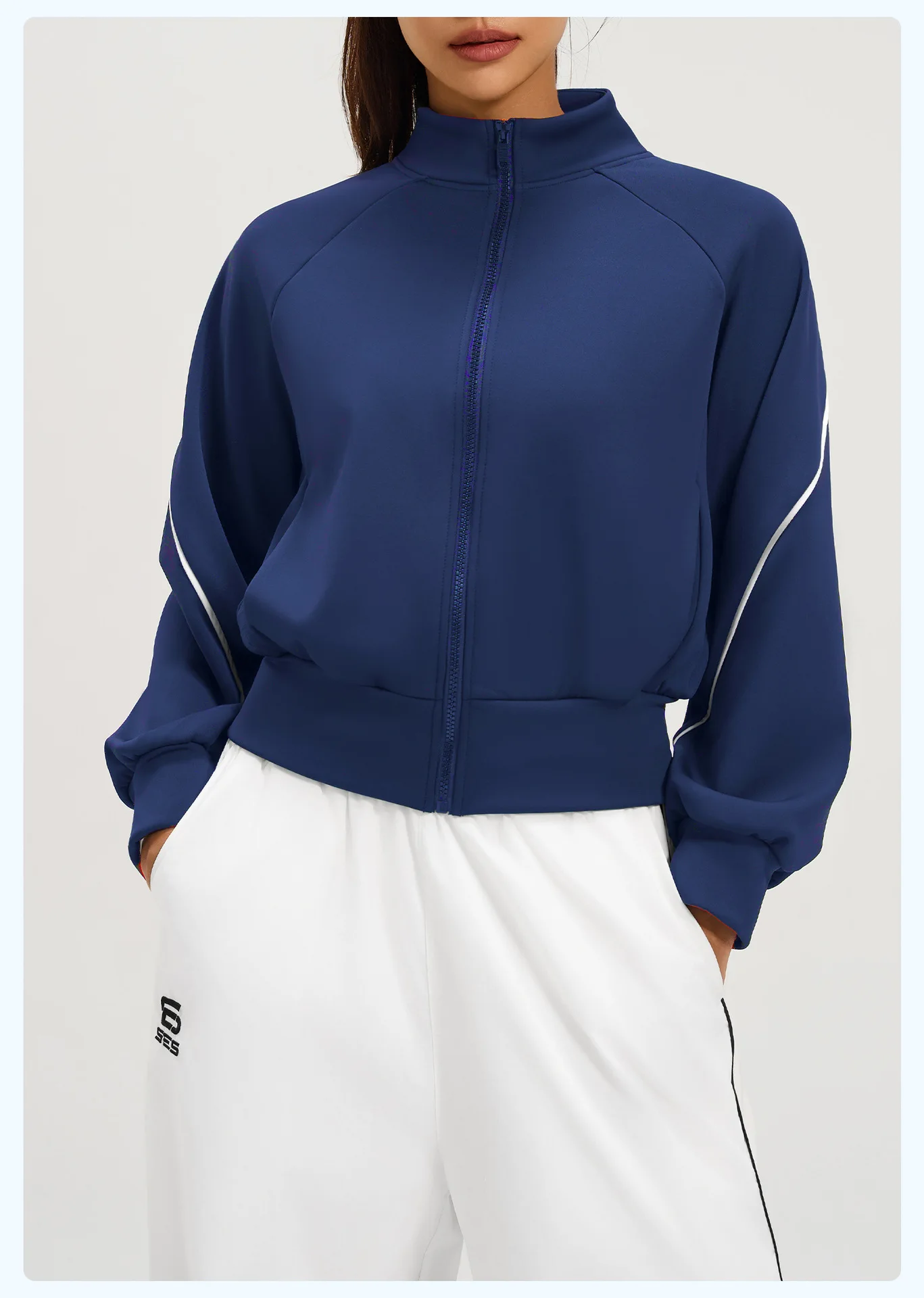 Women Warm Fleece Lined Yoga Jacket Color Stripe Stand Collar Full Zipper Long Sleeve Slim Fitness Sports Top