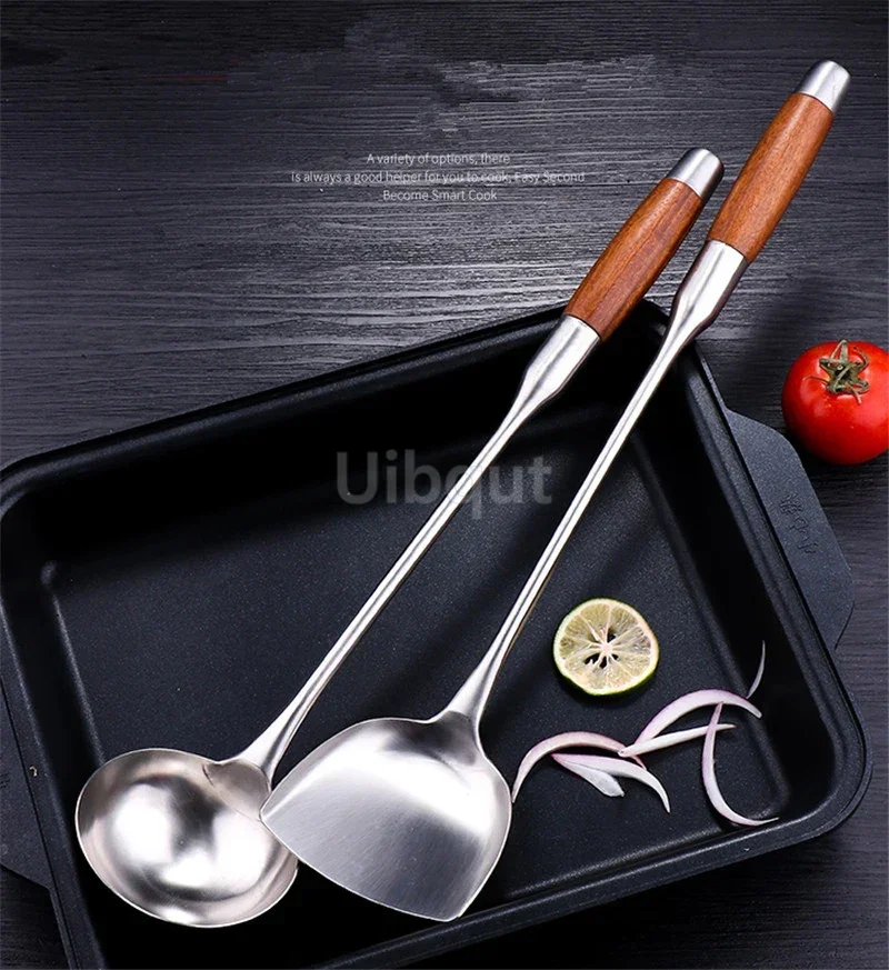 Long Handle Soup Ladle Spoon Turner Stainless Steel Rosewood Spatula Sauces Spoon Kitchen Cooking Utensils Tool wood wok spatula