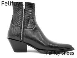 Chelsea Boots for Men Side Zippers High-Top Genuine Leather Ankle Booties serpentine cowhider Pointy Toe Shoes Luxury Male Shoes