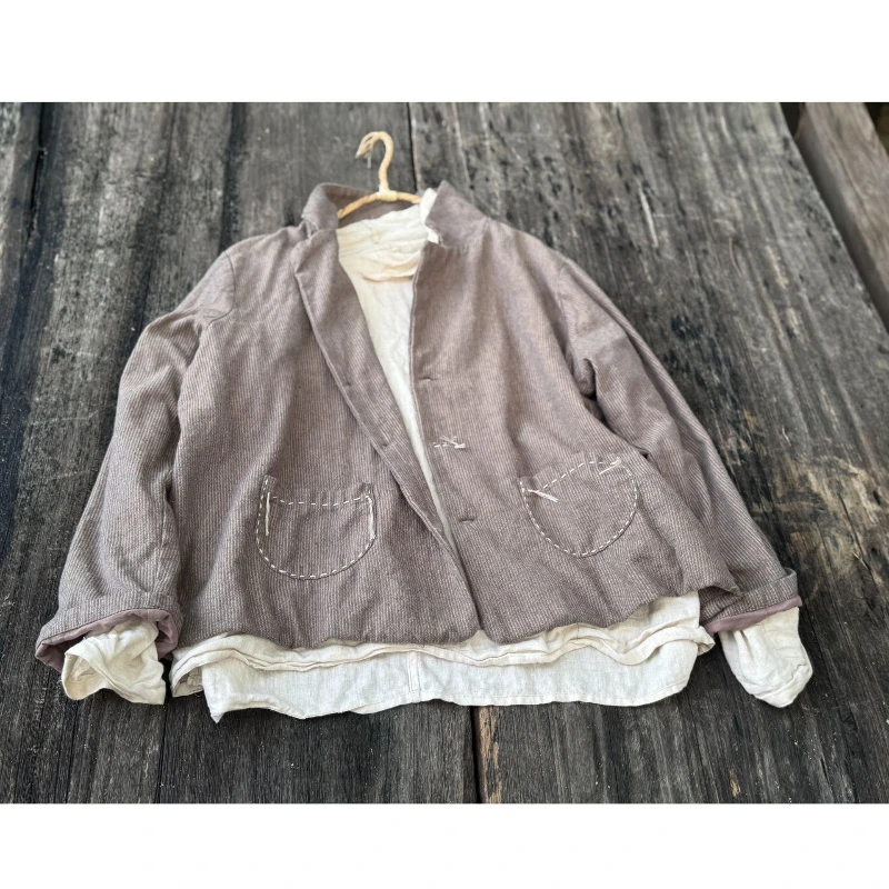 

Linen Cotton Women's Suit Jacket Loose Comfortable Breathable Casual Plus Size Women Blazer High Quality Striped Natural Coat