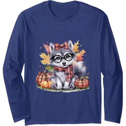 Thanksgiving Pumpkin Pattern Long Sleeve T-shirt Cute Wolf Autumn Loose Blue Top Men's Style