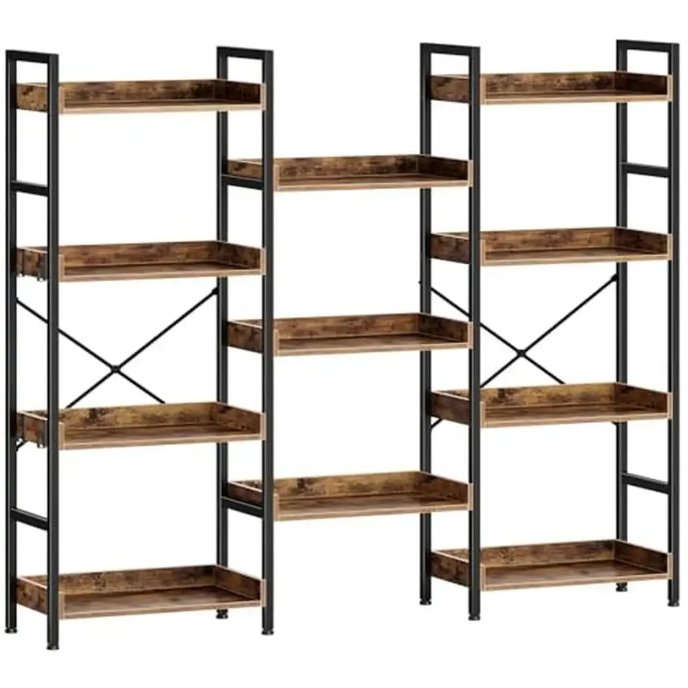 

Industrial Triple Bookcase with Adjustable Shelves & 4 Hooks Sturdy Metal Frame Bookshelf Living Room and Office 4 Tiers Triple