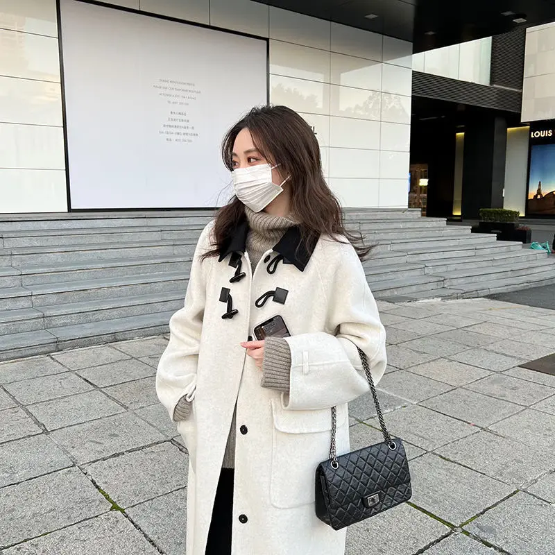 2024 double-sided woolen jacket women's autumn and winter medium and long celebrity Korean small horn buckle woolen coat tide