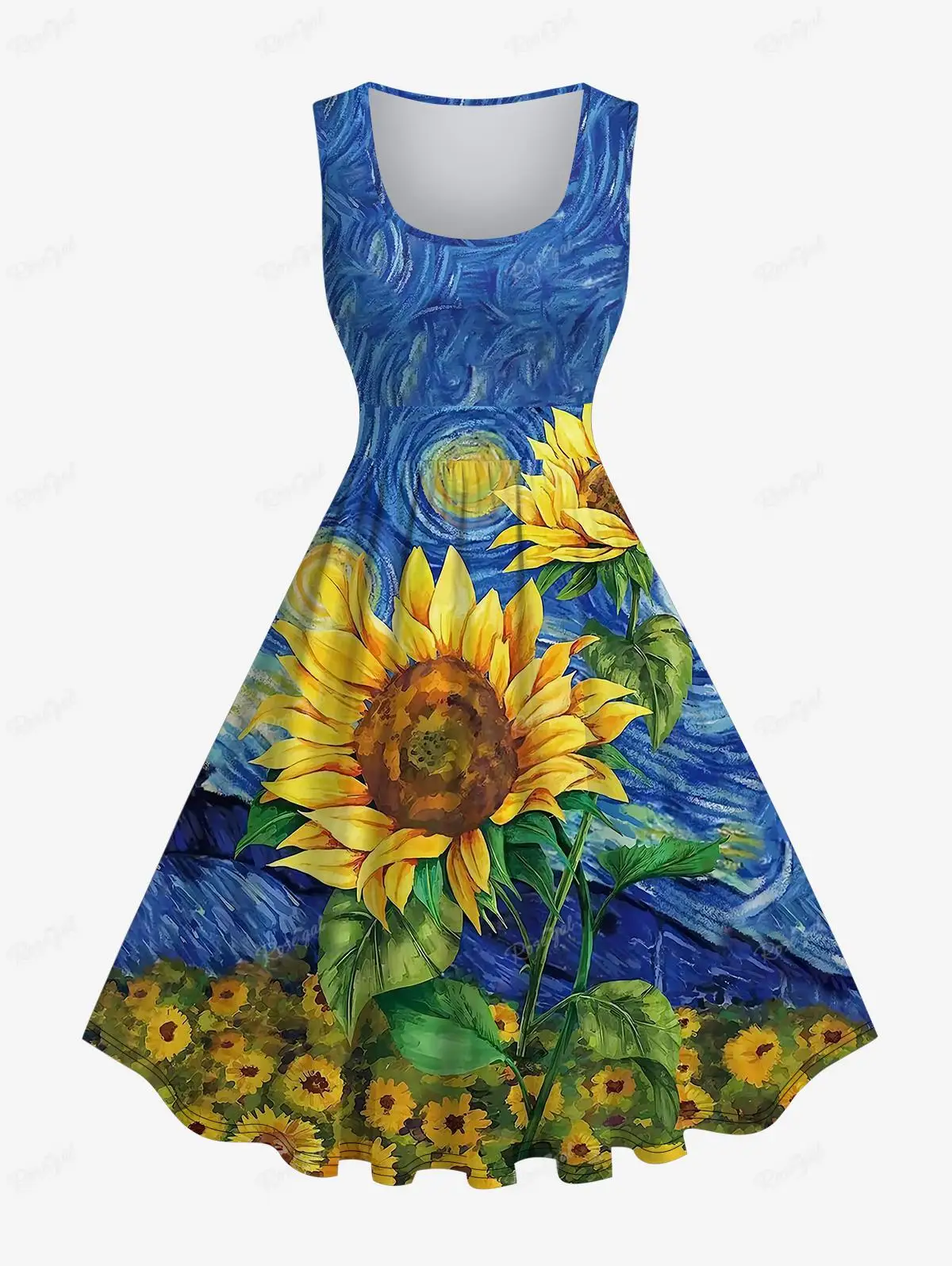 Plus Size 1950s Vintage Dress 6X Spring Summer Women Clothing Oil Painting Sunflowers Leaf Sea Waves Sun Printed Hawaii