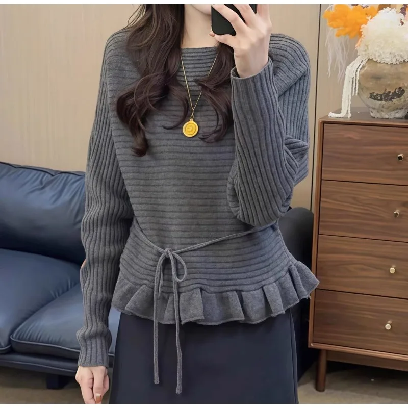 2026 Spring New Korean Knitted Sweater Ruffle Edge Sweater Small Autumn and Winter Lace-up Waist Versatile Bottoming Shirt