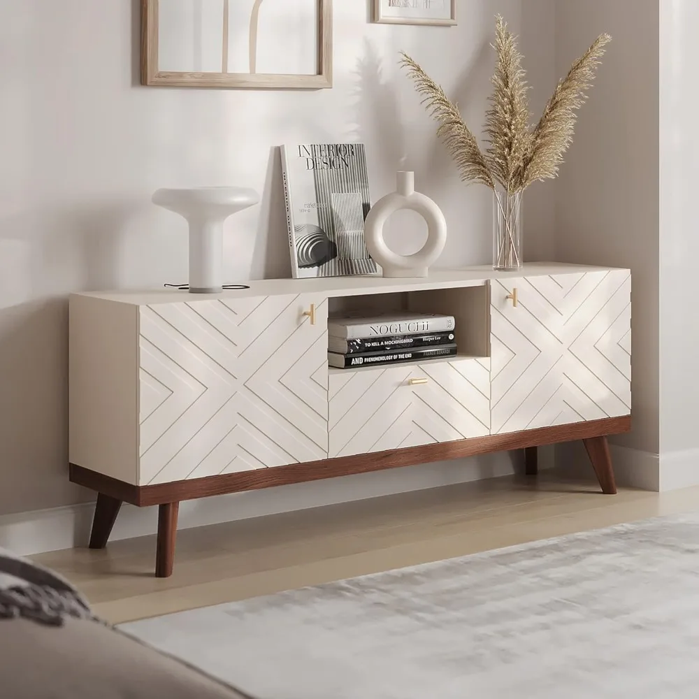 Soporte para TV para salón, mesa consola multimedia para TV de 50, 55, 60 y 65 pulgadas, patas de madera (Beige, Alba 59 pulgadas)