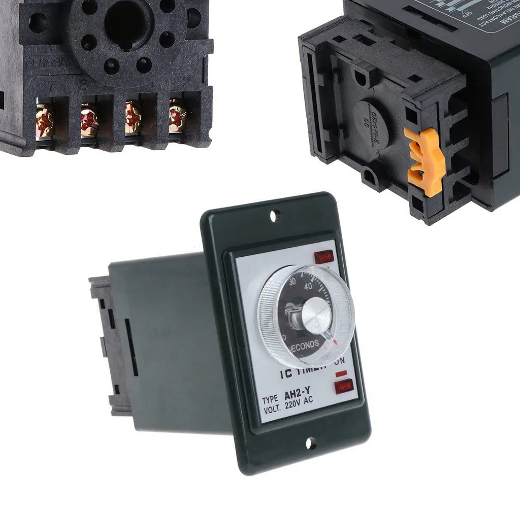 Power On Delay Timer 60 Seconds AC 220V with Socket Base Model AH2Y Time Relay 8 Pin Terminals DIN Rail Mount for Industrial Use