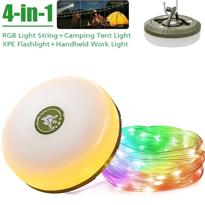 4 in 1 Camping String Lights 33Ft Light with Lanterns Design Camping Lights 2000mAh IPX6 Waterproof Rechargeable Flashlights