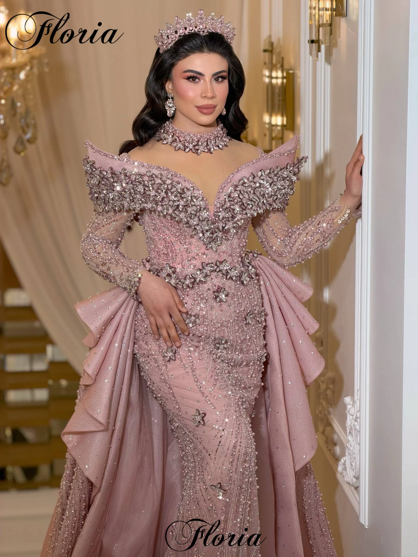 

Luxury Pink Evening Dresses With Crystals Long Sleeves Formal Occasion Dresses Arabic Celebrity Dress Robes De Soirée Customized