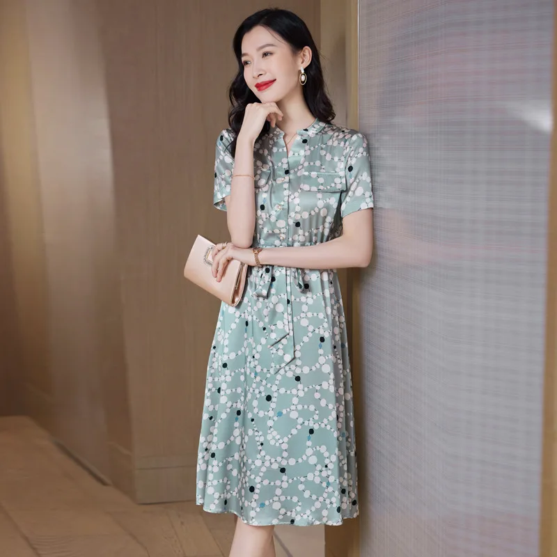 9539 Satin Heavy Silk Dress Female Summer New 2024 Fitted Waist Figure Flattering Shirt Silk Skirt Temperament