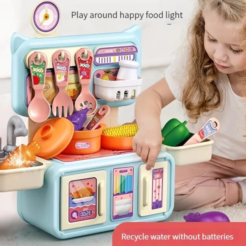Mini giocattoli da cucina per bambini Set cuoco cibo da cucina simulato bancone da cucina Set da gioco con luci Spray Stoviglie Giochi di finzione Giochi di ruolo