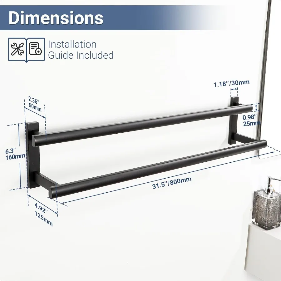 شريط منشفة مزدوج للحمام 31.5 بوصة ماتي الأسود منشفة استحمام رف منشفة حامل الحائط SUS304 الفولاذ المقاوم للصدأ #2