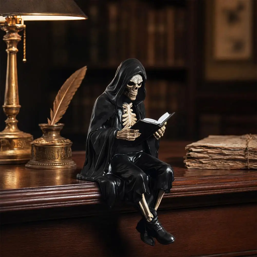 Halloween Skeleton Ornament Halloween Reading Skeleton Figurine Spooky Devil Resin Sculpture Grim Reaper Statue for Home Office