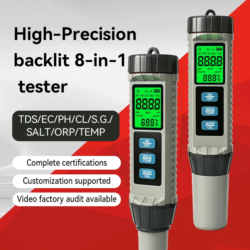 MF-X81 Portable Multi Water Quality Tester Color Display 8 in 1 Water Test Pen TDS/EC/PH/CL/S.G/SALT/ORP/Temperature